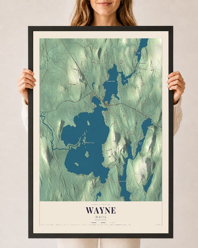 Wayne, Maine map print - 24 x 36 black Ayous wood frame