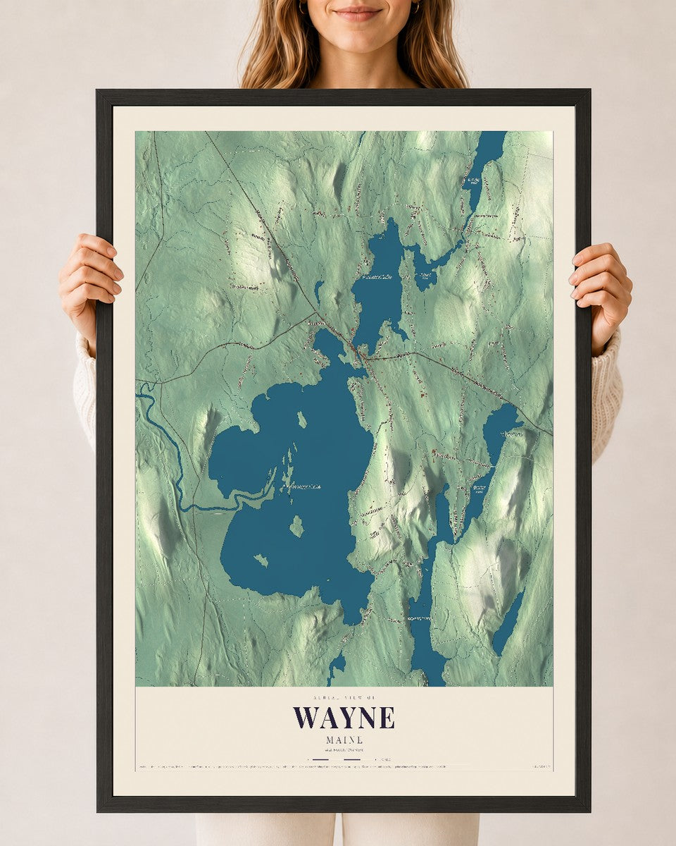 Wayne, Maine map print - 24 x 36 black Ayous wood frame