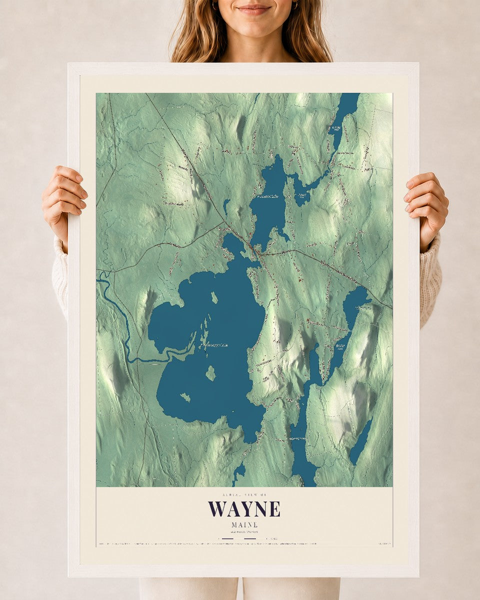 Wayne, Maine map print - 24 x 36 white Ayous wood frame
