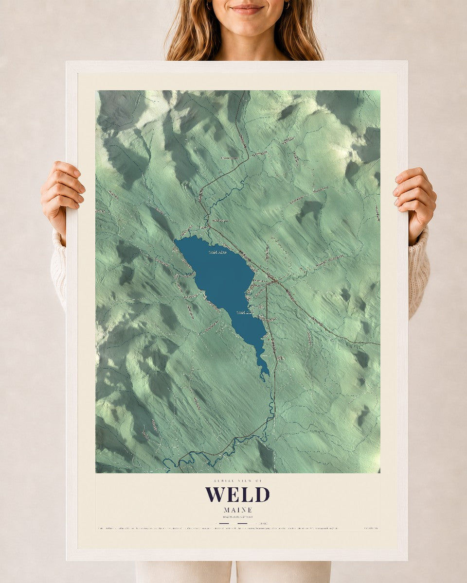 Weld, Maine map print - 24 x 36 white Ayous wood frame