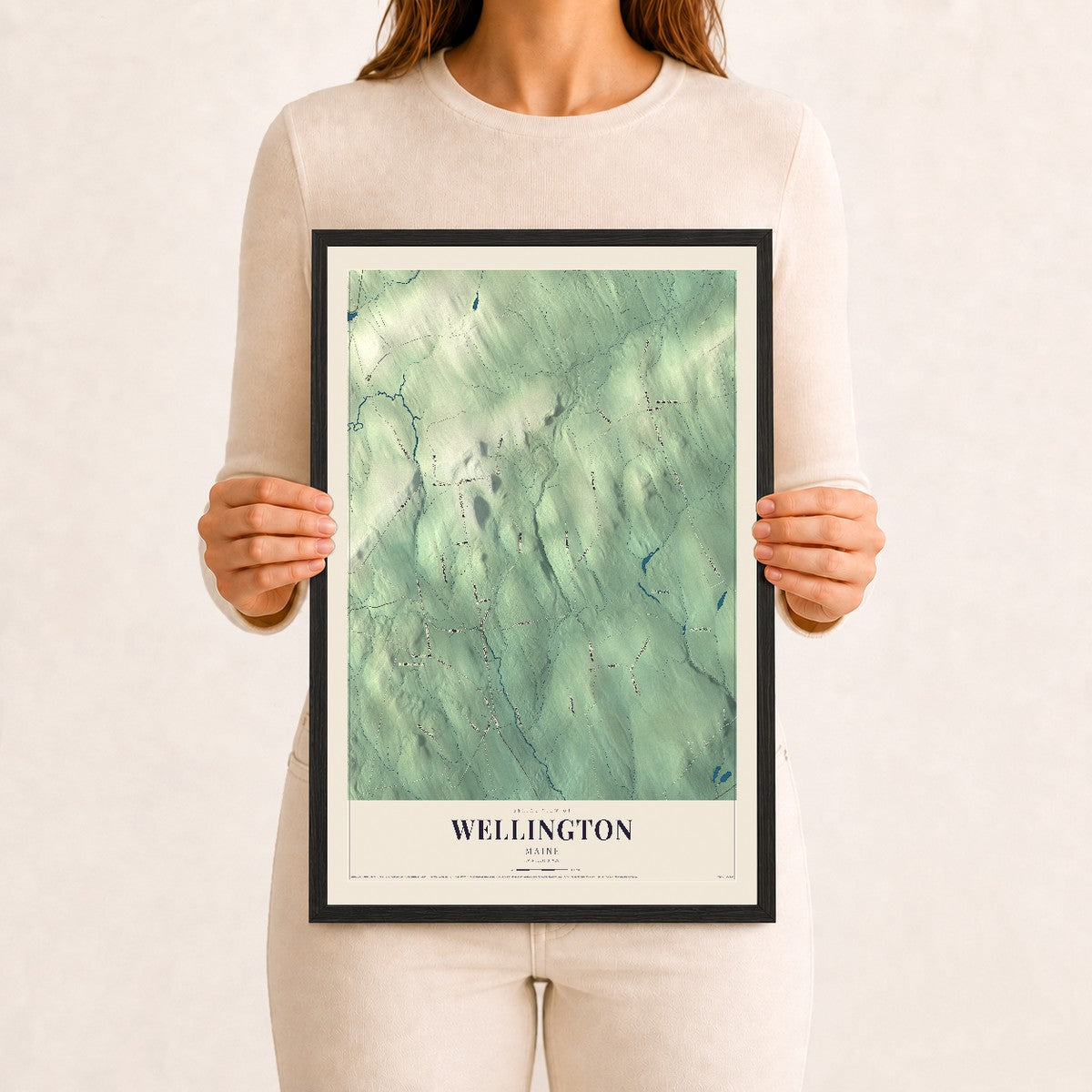 Wellington, Maine map print - 12 x 18 black Ayous wood frame