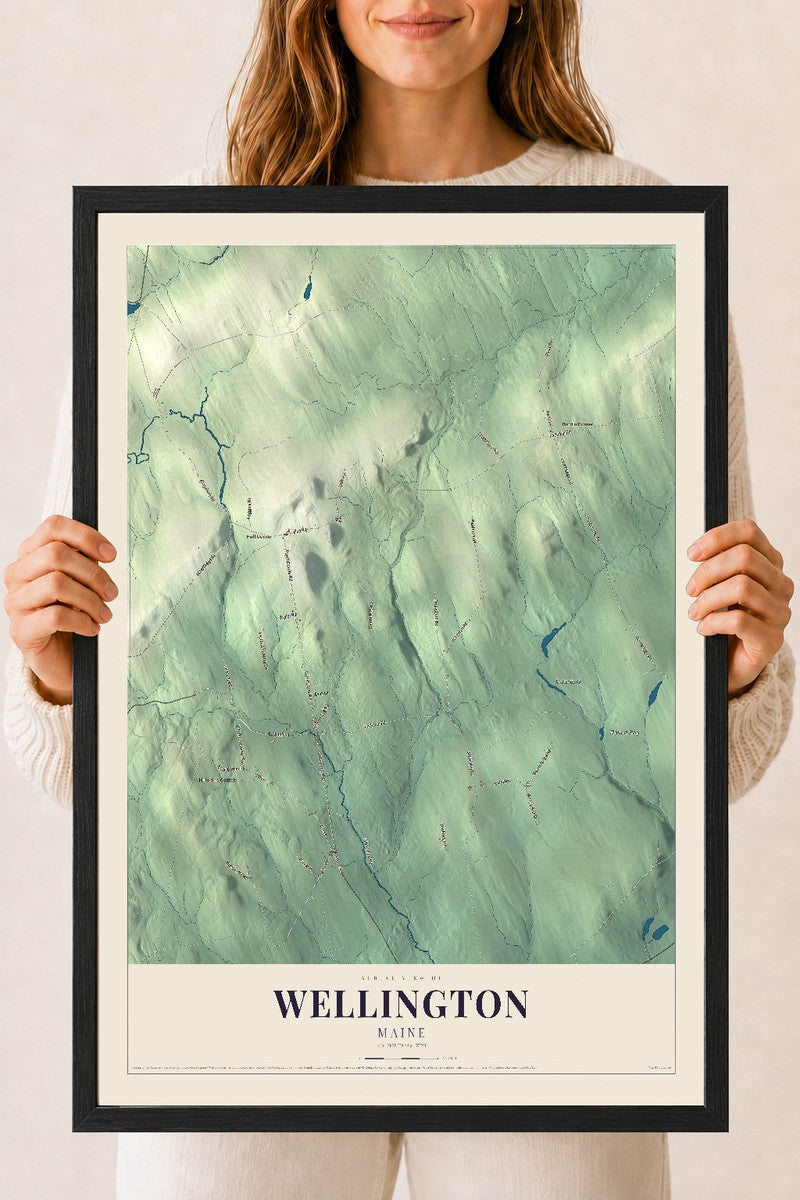Wellington, Maine map print - 18 x 24 black Ayous wood frame