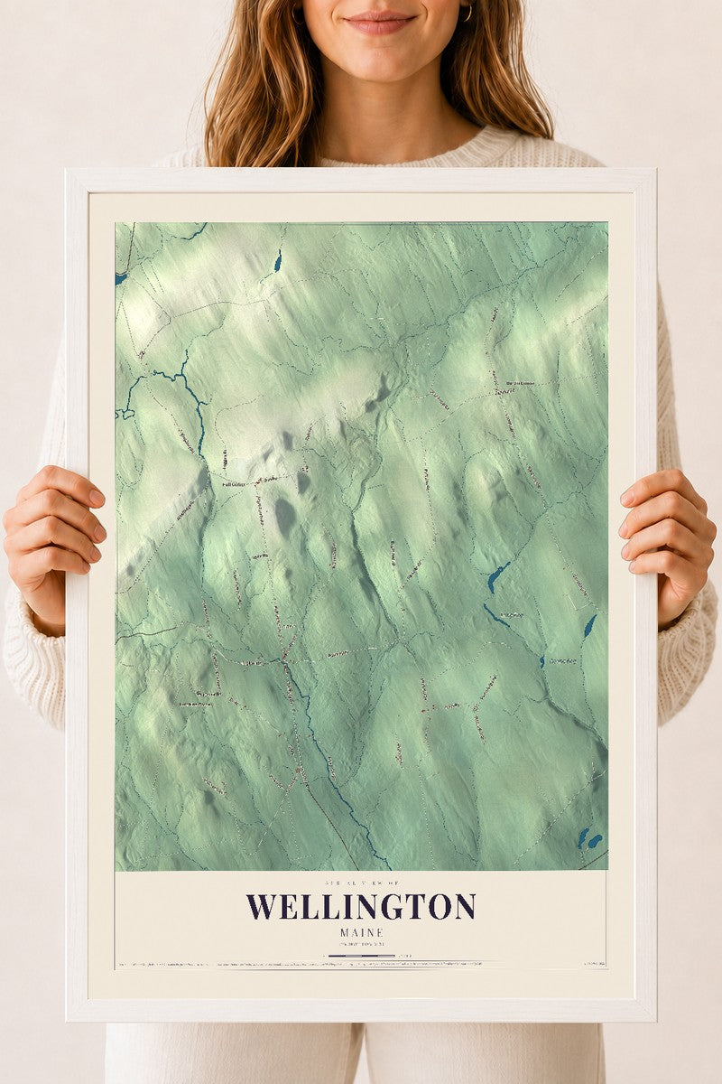 Wellington, Maine map print - 18 x 24 white Ayous wood frame