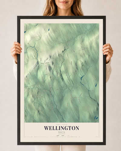 Wellington, Maine map print - 24 x 36 black Ayous wood frame
