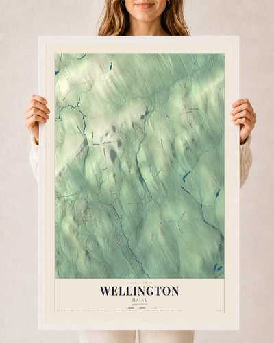 Wellington, Maine map print - 24 x 36 white Ayous wood frame