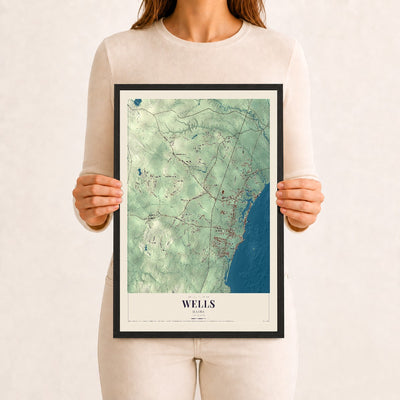 Wells, Maine map print - 12 x 18 black Ayous wood frame