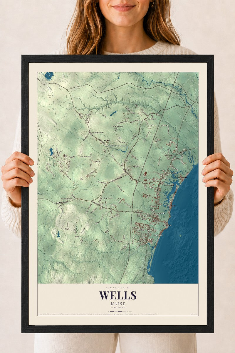 Wells, Maine map print - 18 x 24 black Ayous wood frame