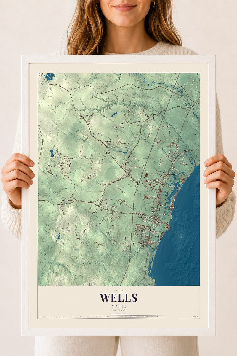 Wells, Maine map print - 18 x 24 white Ayous wood frame
