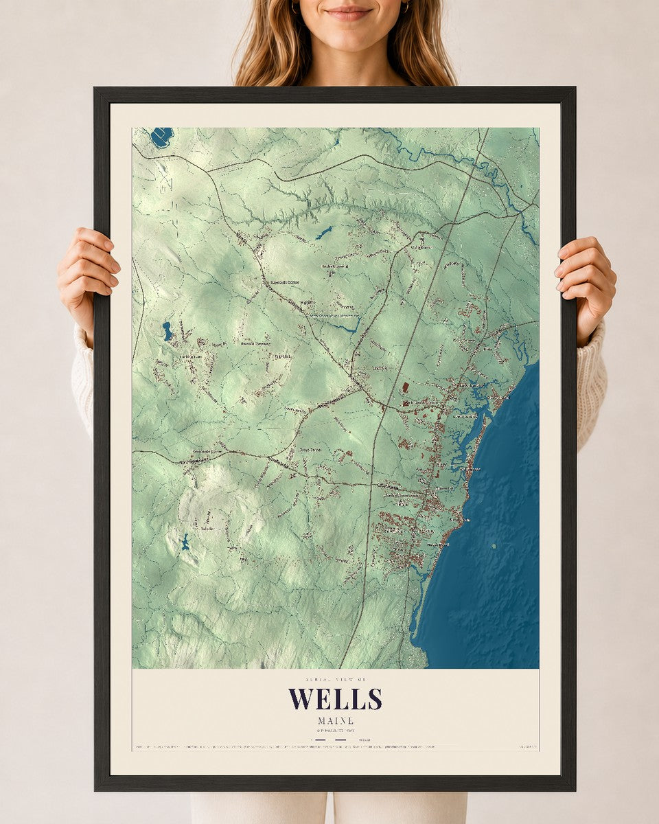 Wells, Maine map print - 24 x 36 black Ayous wood frame
