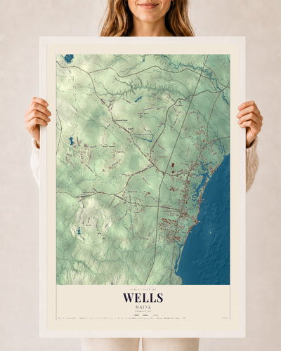 Wells, Maine map print - 24 x 36 white Ayous wood frame