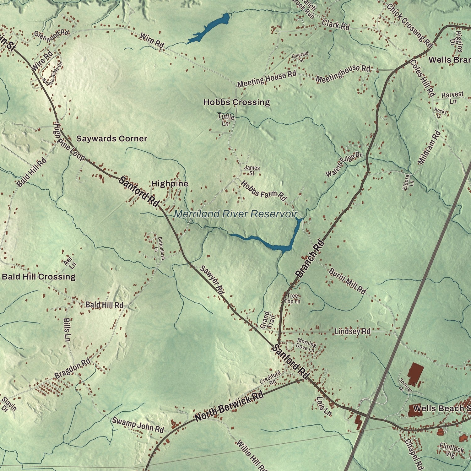 Terrain and local geography detail from the Wells, Maine map
