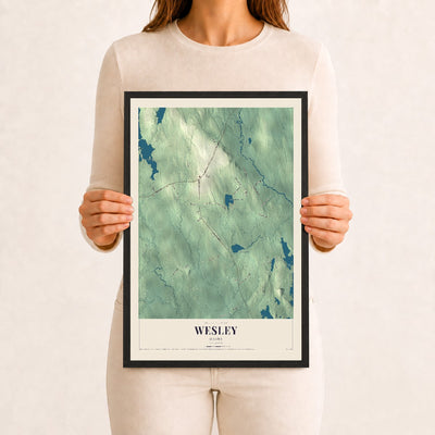 Wesley, Maine map print - 12 x 18 black Ayous wood frame