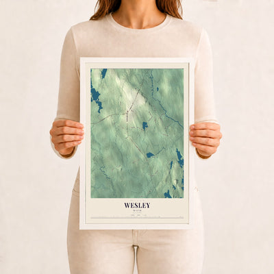 Wesley, Maine map print - 12 x 18 white Ayous wood frame