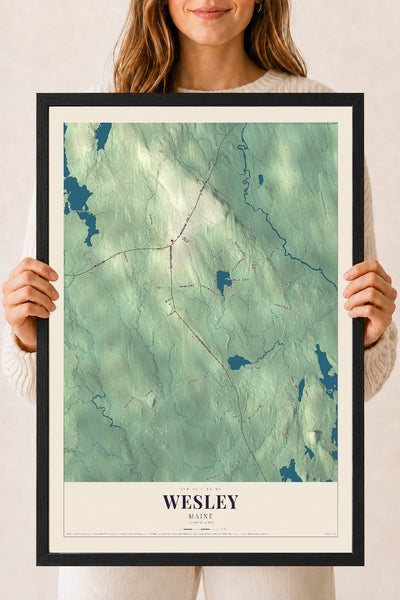 Wesley, Maine map print - 18 x 24 black Ayous wood frame
