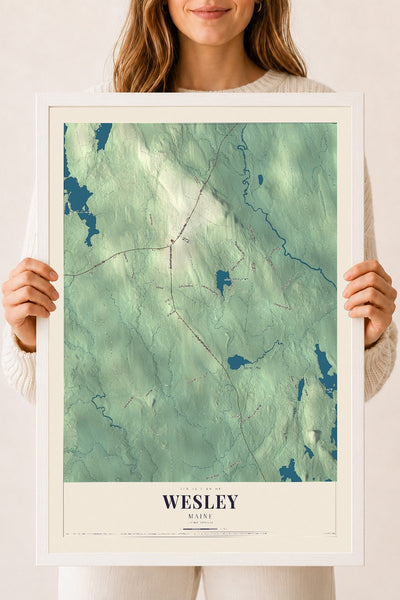 Wesley, Maine map print - 18 x 24 white Ayous wood frame