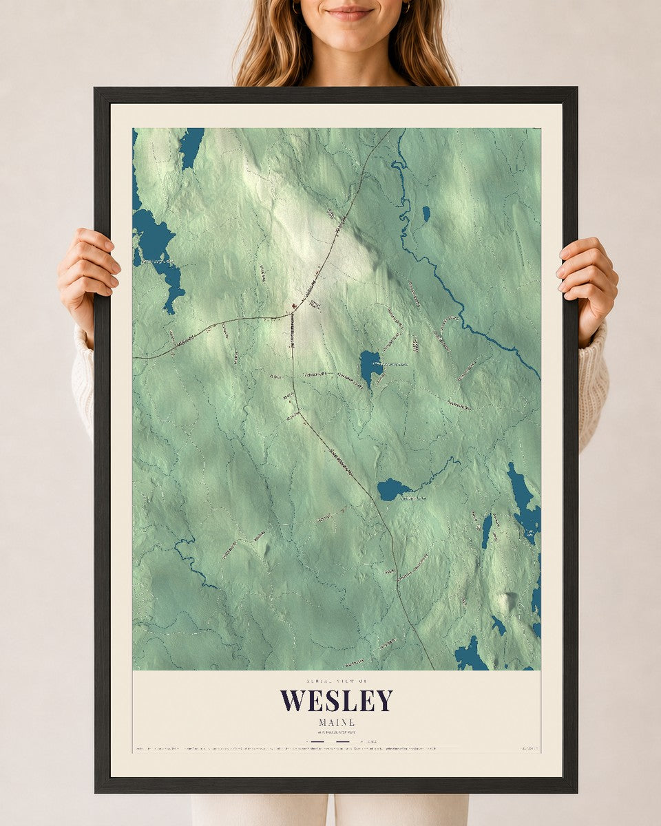 Wesley, Maine map print - 24 x 36 black Ayous wood frame