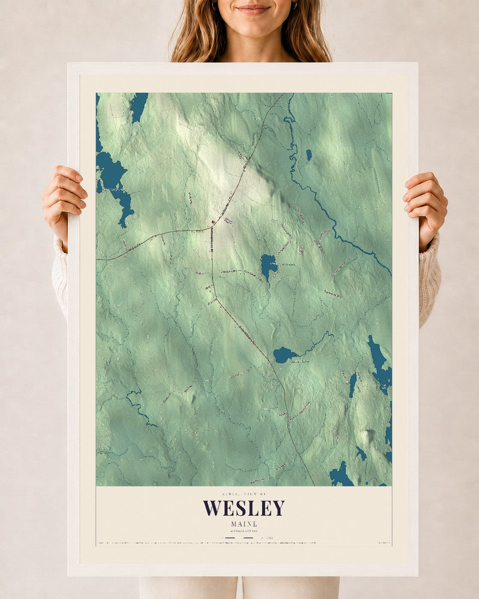 Wesley, Maine map print - 24 x 36 white Ayous wood frame