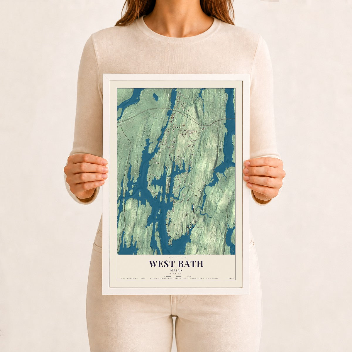 West Bath, Maine map print - 12 x 18 white Ayous wood frame