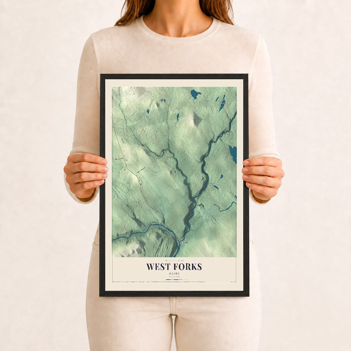 West Forks, Maine map print - 12 x 18 black Ayous wood frame