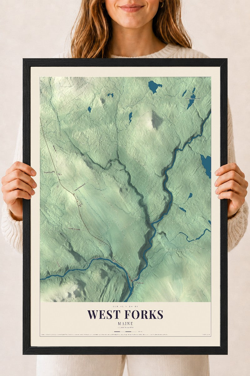 West Forks, Maine map print - 18 x 24 black Ayous wood frame