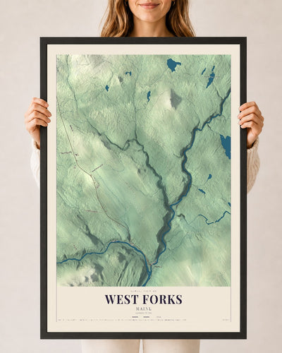 West Forks, Maine map print - 24 x 36 black Ayous wood frame