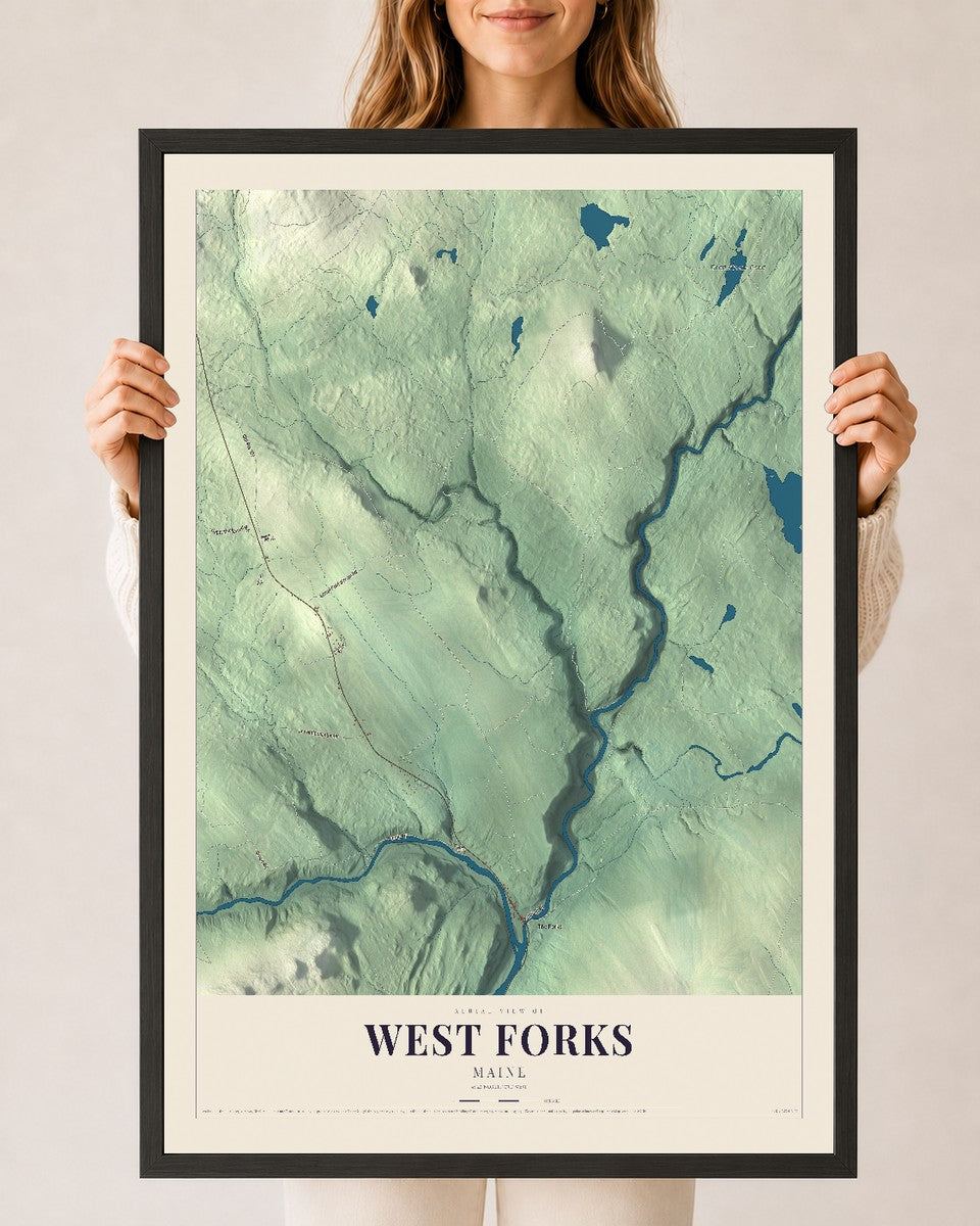 West Forks, Maine map print - 24 x 36 black Ayous wood frame