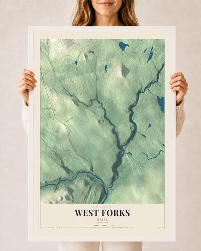 West Forks, Maine map print - 24 x 36 white Ayous wood frame