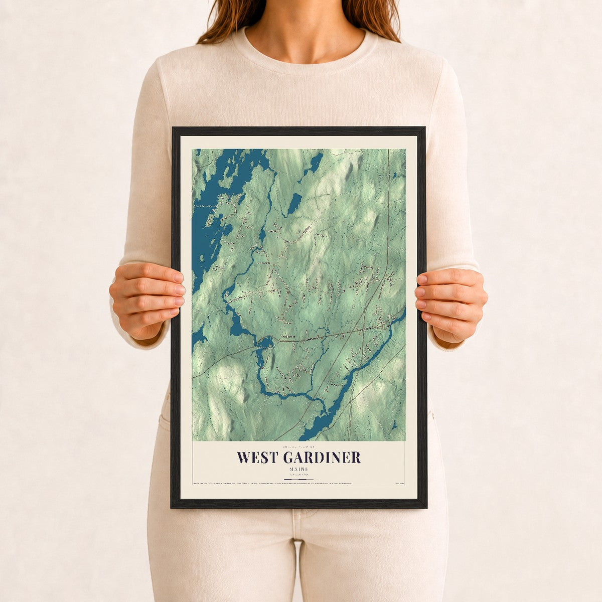 West Gardiner, Maine map print - 12 x 18 black Ayous wood frame