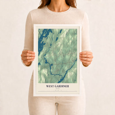 West Gardiner, Maine map print - 12 x 18 white Ayous wood frame