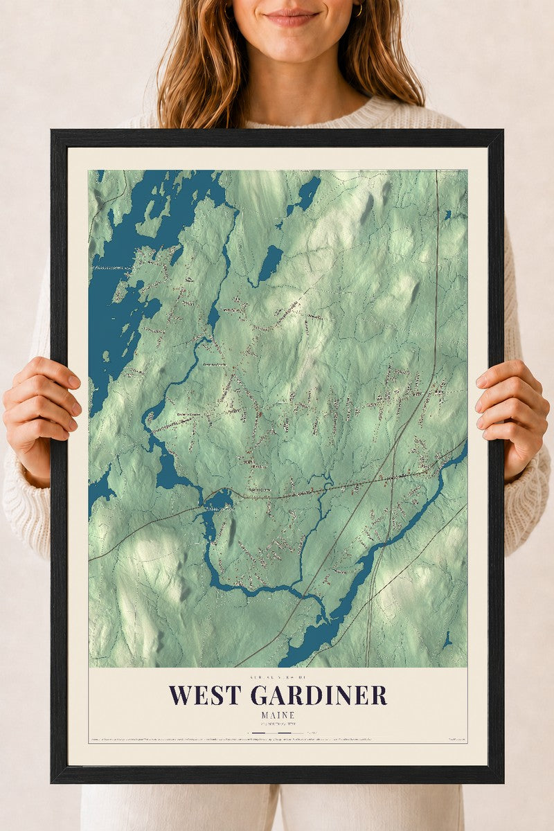 West Gardiner, Maine map print - 18 x 24 black Ayous wood frame