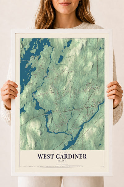 West Gardiner, Maine map print - 18 x 24 white Ayous wood frame