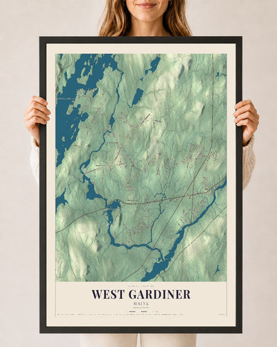 West Gardiner, Maine map print - 24 x 36 black Ayous wood frame