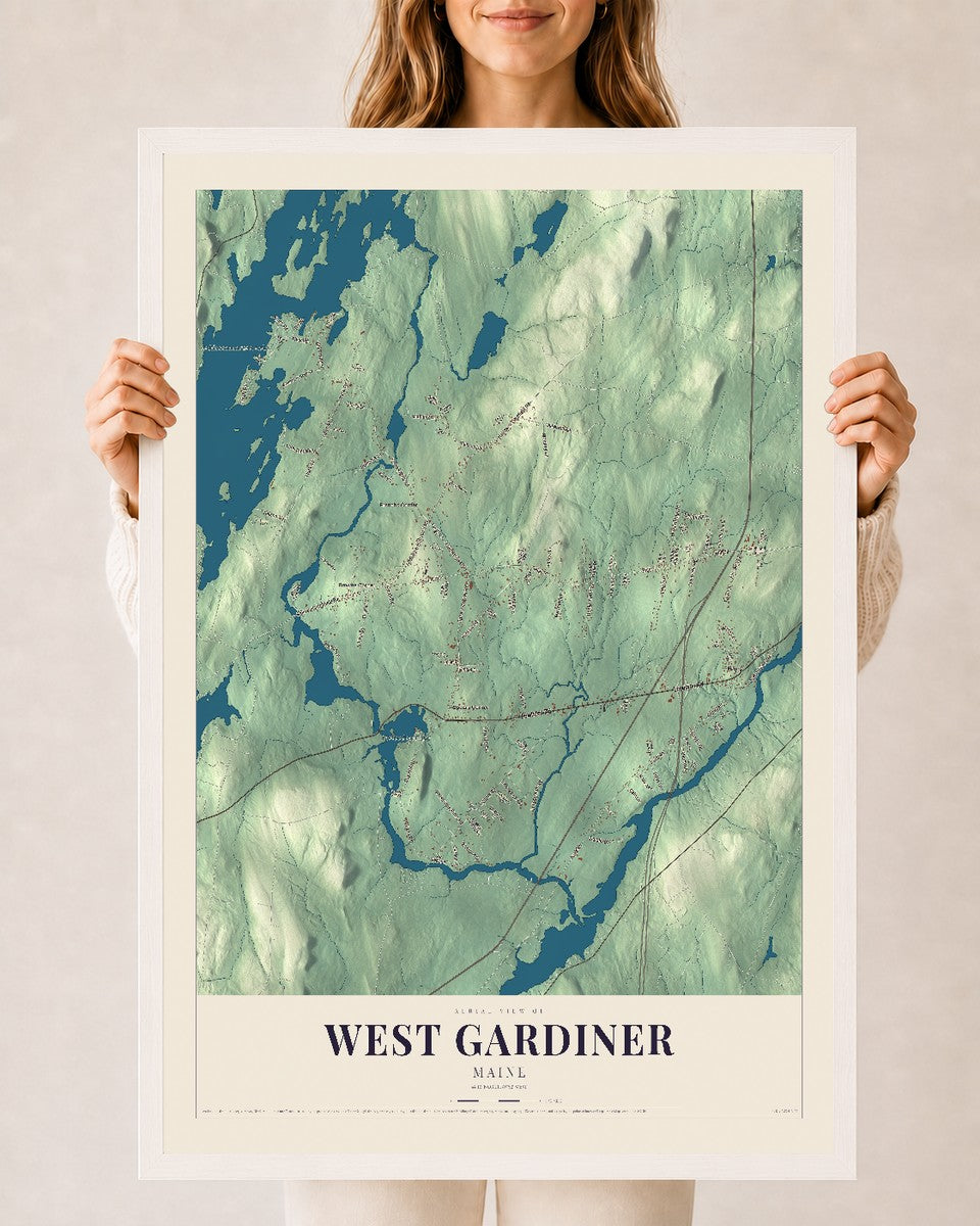 West Gardiner, Maine map print - 24 x 36 white Ayous wood frame