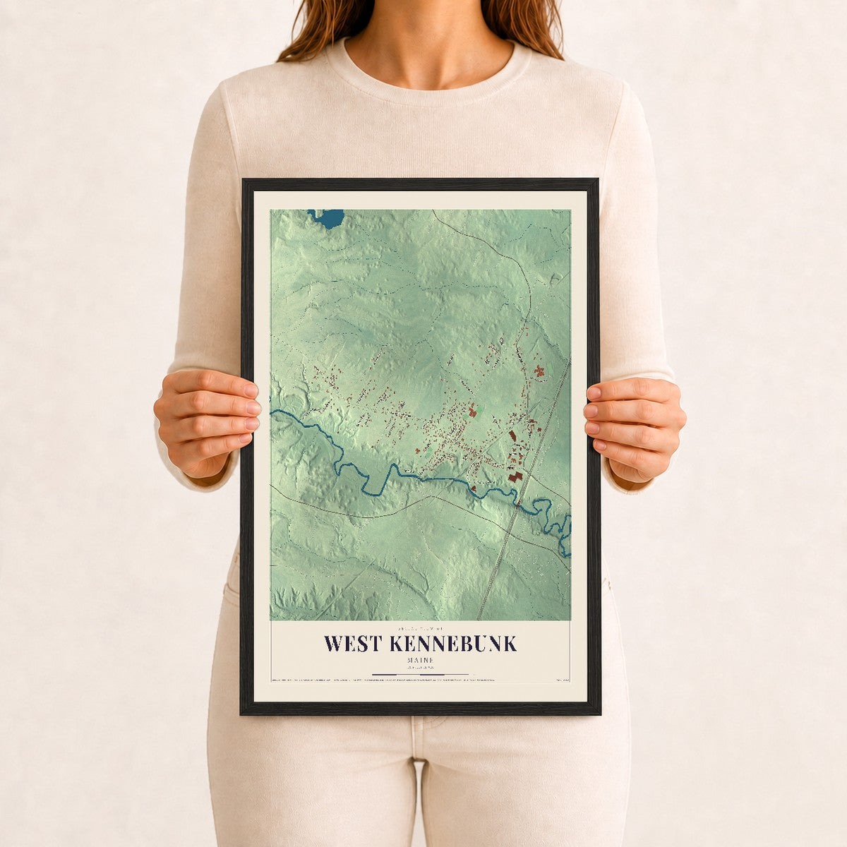 West Kennebunk, Maine map print - 12 x 18 black Ayous wood frame