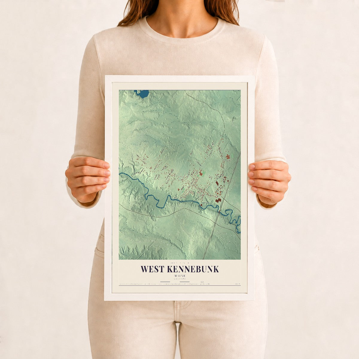 West Kennebunk, Maine map print - 12 x 18 white Ayous wood frame