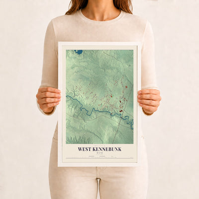 West Kennebunk, Maine map print - 12 x 18 white Ayous wood frame