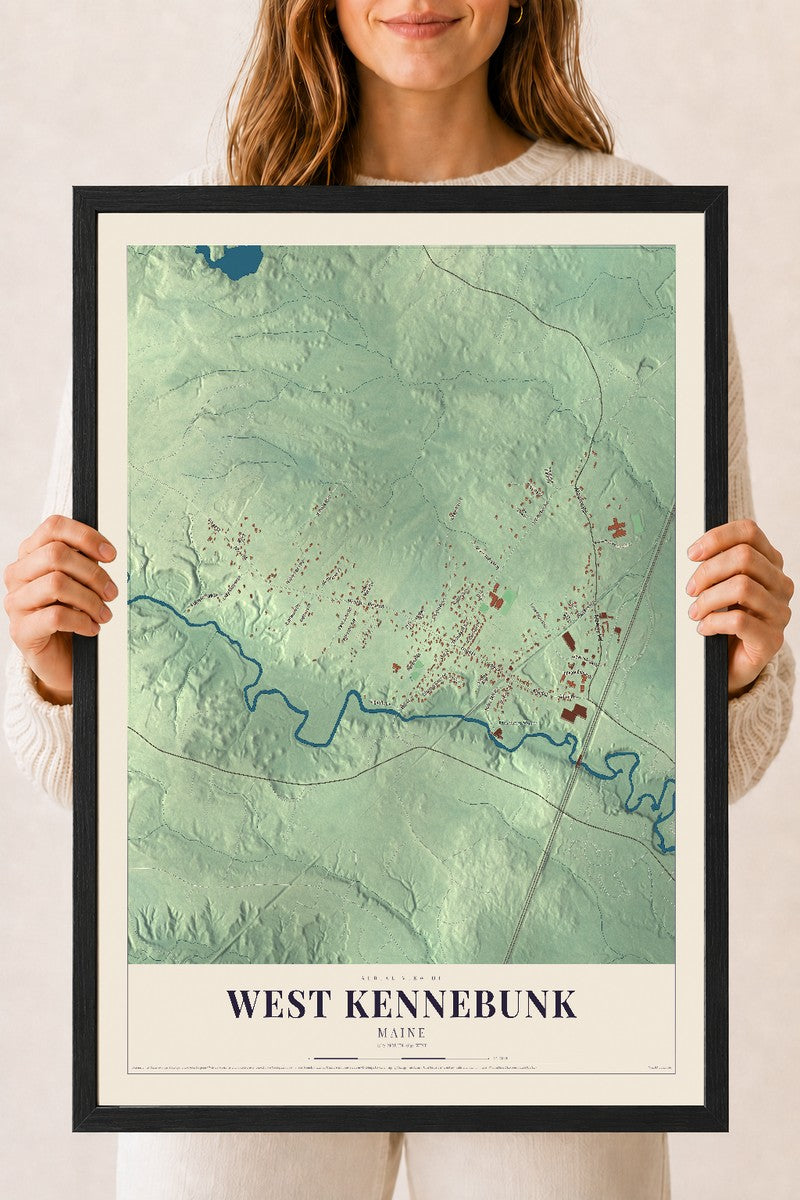 West Kennebunk, Maine map print - 18 x 24 black Ayous wood frame