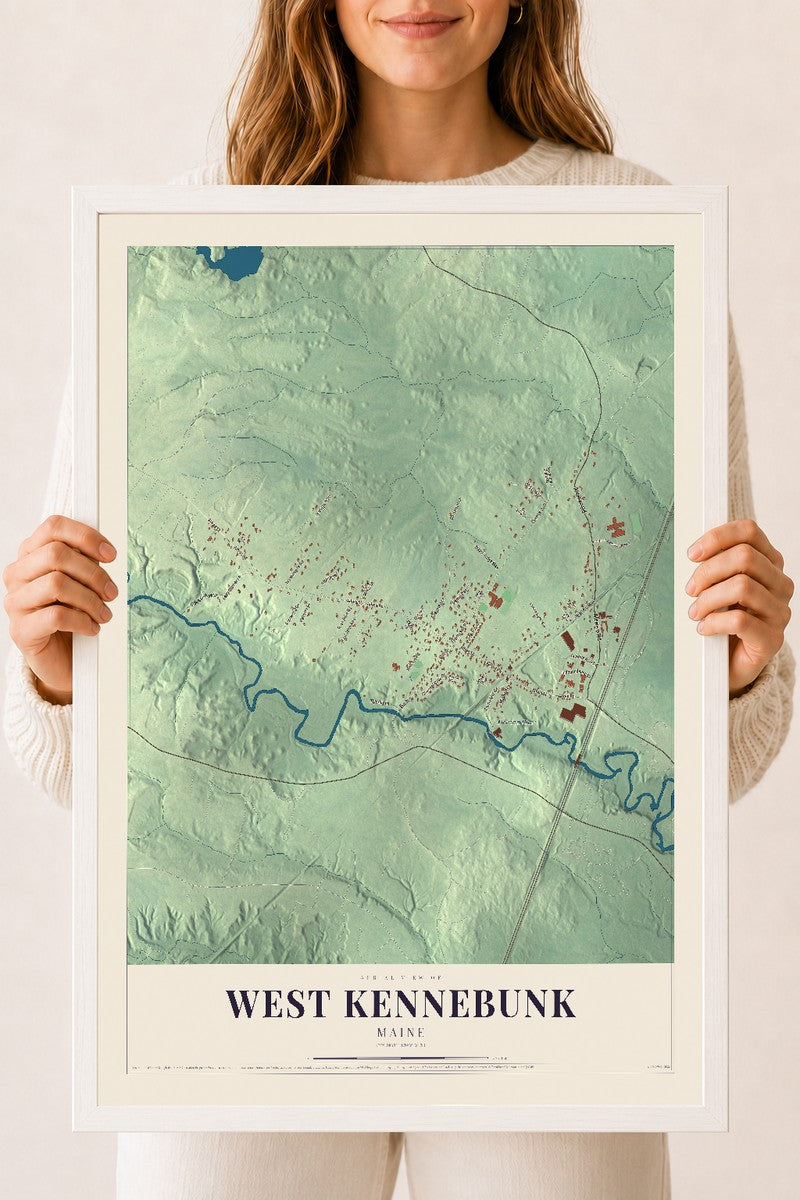West Kennebunk, Maine map print - 18 x 24 white Ayous wood frame