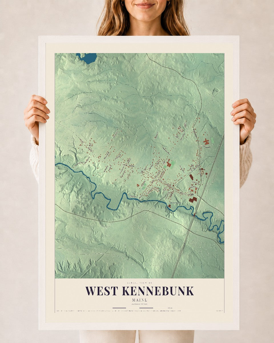 West Kennebunk, Maine map print - 24 x 36 white Ayous wood frame