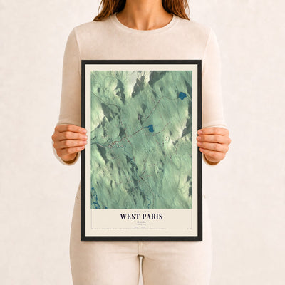 West Paris, Maine map print - 12 x 18 black Ayous wood frame