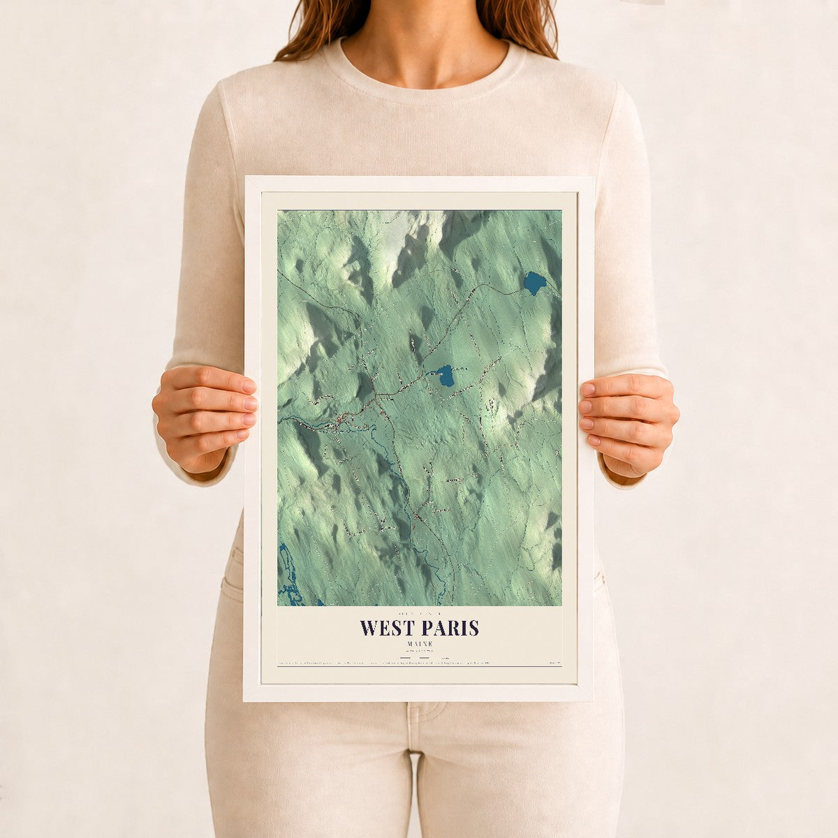 West Paris, Maine map print - 12 x 18 white Ayous wood frame