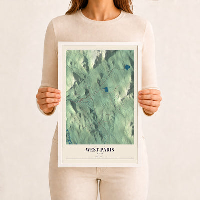 West Paris, Maine map print - 12 x 18 white Ayous wood frame