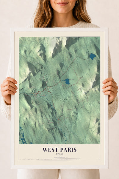 West Paris, Maine map print - 18 x 24 white Ayous wood frame
