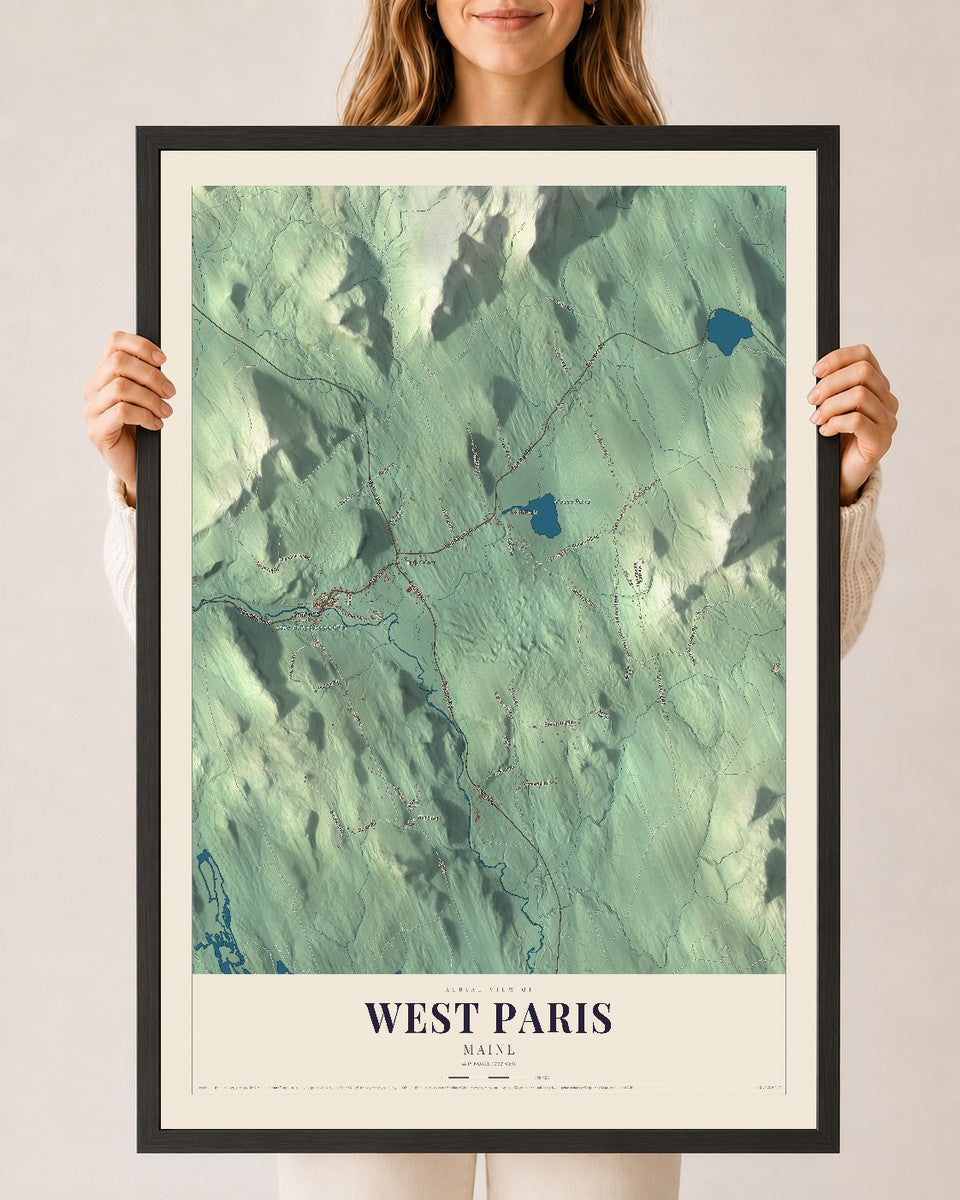 West Paris, Maine map print - 24 x 36 black Ayous wood frame