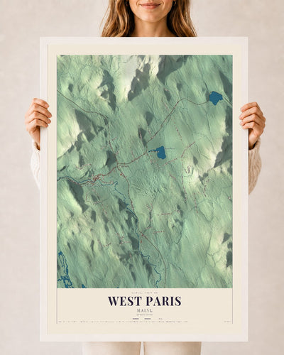 West Paris, Maine map print - 24 x 36 white Ayous wood frame
