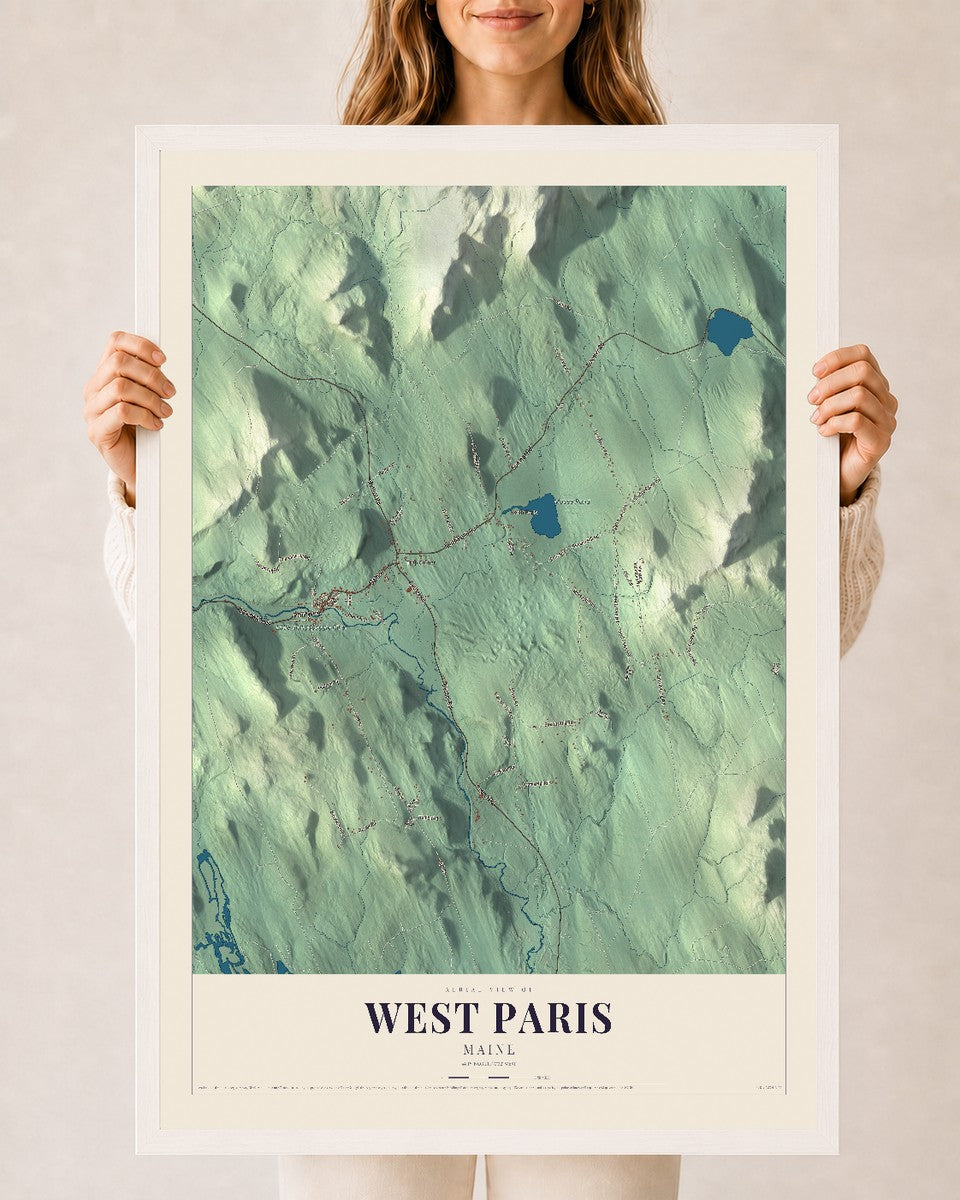 West Paris, Maine map print - 24 x 36 white Ayous wood frame