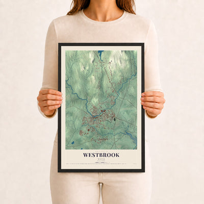 Westbrook, Maine map print - 12 x 18 black Ayous wood frame