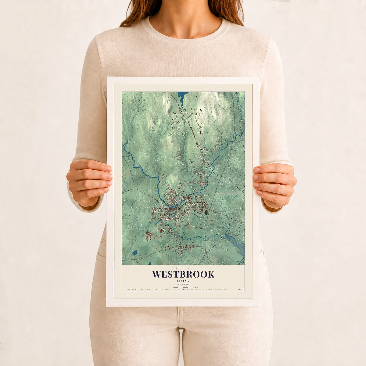 Westbrook, Maine map print - 12 x 18 white Ayous wood frame