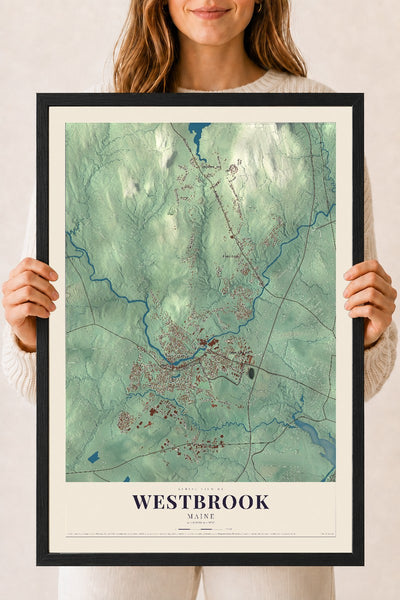 Westbrook, Maine map print - 18 x 24 black Ayous wood frame
