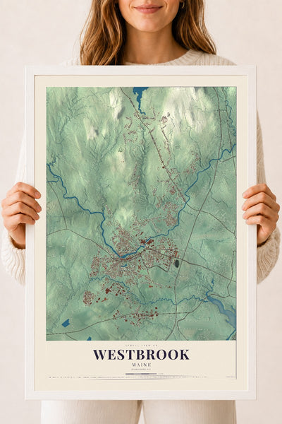 Westbrook, Maine map print - 18 x 24 white Ayous wood frame